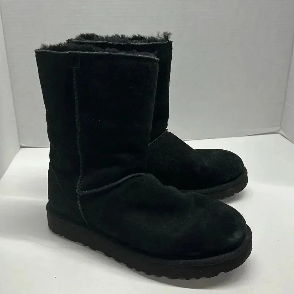 Ugg Boots Classic Short Zip Up Back Suede Shearling Lined Winter Boot Black 6